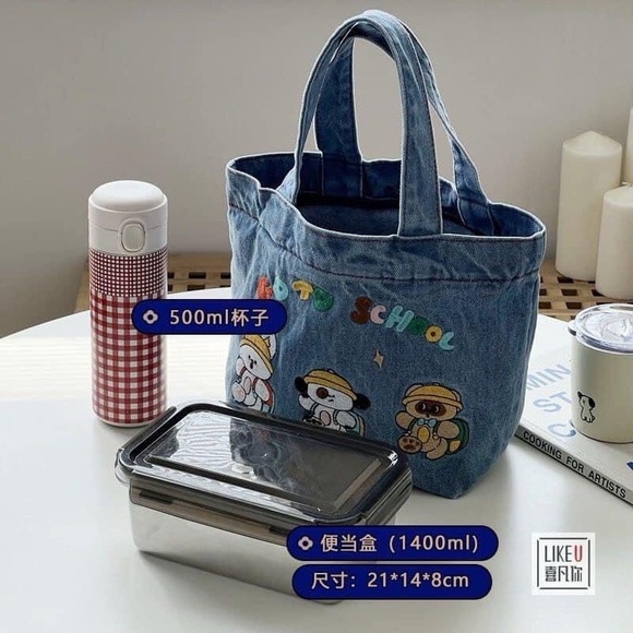 Cute lunch bag mini bag jeans bag embroidered letters Go to School - Picture 6 of 6